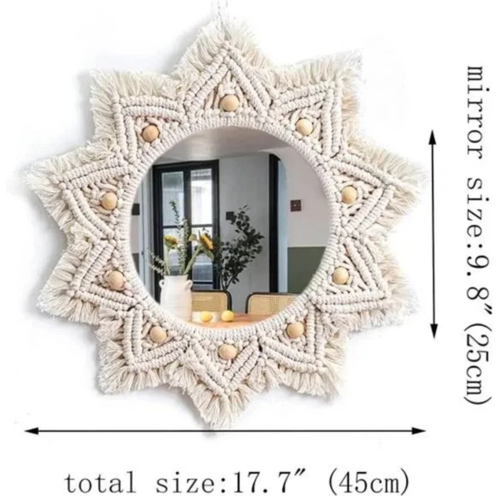Boho Wall Decor Mirror Macrame Circle Hanging Mirror for Bedroom Living Room